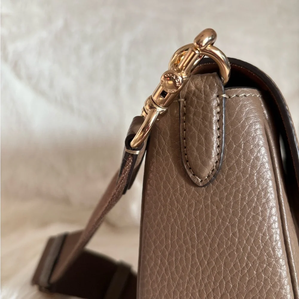 Coach Taupe Pebbled Leather Flap Crossbody with Gold Hardware
